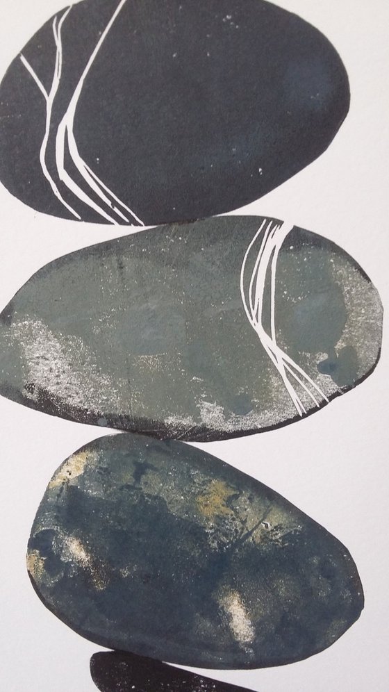 Zen stones - Twelve stones #7  ( banded balancing stones lino/monoprint)