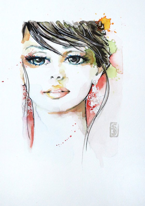 Stylized watercolor portrait beauty queen: "Beauty 49" (SOLD)