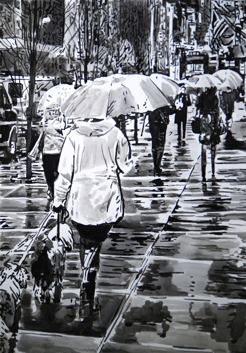 Urban And Pop Portrait Ink Drawing By Alexandra Djokic, 14 X 20, Rainy Day, Original Artwork