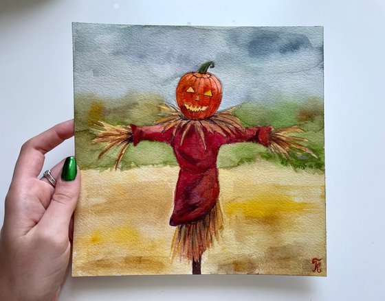 Halloween Watercolor Painting Original, Scarecrow Artwork, Spooky Season Wall Art