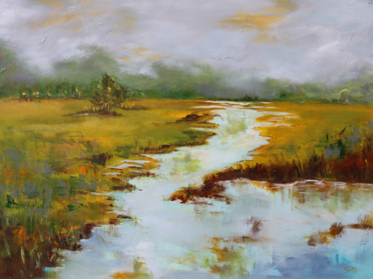 Impressionistic Landscape Acrylic Painting By Niyati Jiwani, 48 X 36", Golden Horizon, Original Artwork