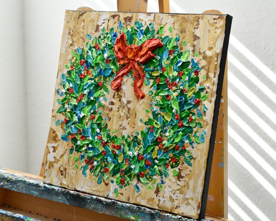 Holiday Wreath - Original Acrylic Painting, Textured Christmas Art