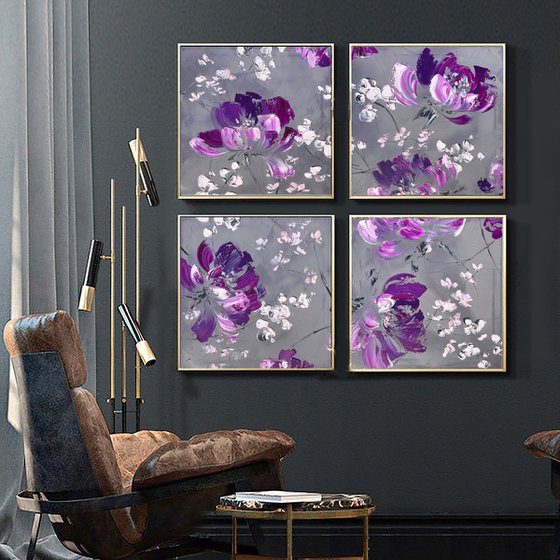 VERY PERI GREENHOUSE 2 -  Gray flower painting. Purple flowers square canvas.