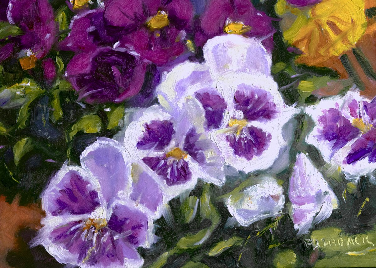 Impressionistic Botanical Oil Painting By Daniel Brian Fishback, 7 X 5, Pansies In The Garden, Original Artwork