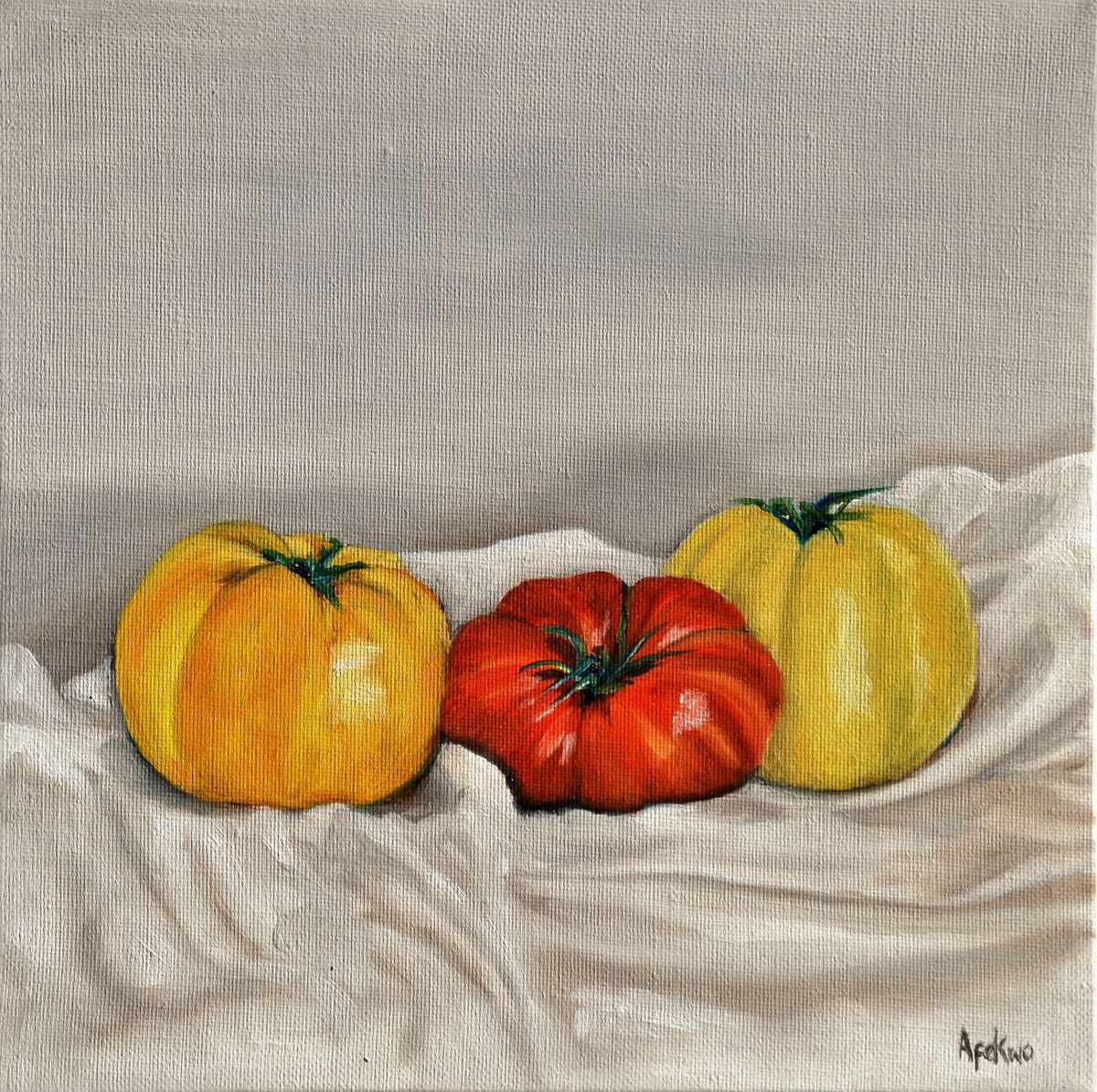 Photorealistic Still Life Oil Painting By Afekwo, 11 X 11, Heirloom Tomatoes Still Life, Original Artwork