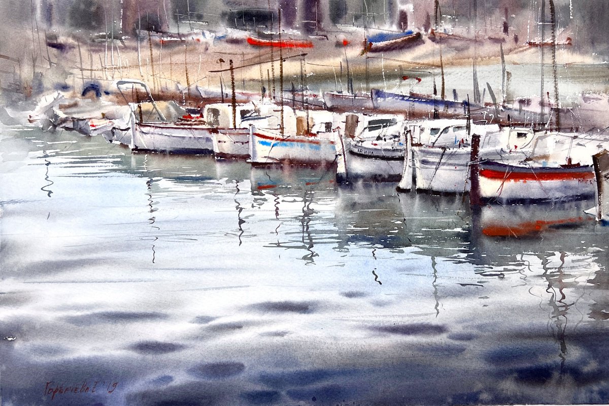 Impressionistic Watercolour , Boats At The Pier #2 By Eugenia Gorbacheva, 22 X 15, Artwork For Sale On Artfinder