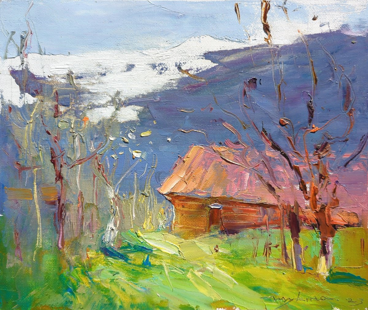 Impressionistic Landscape Oil Painting By Helen Shukina, 12 X 10, Spring In The Mountains, Original Artwork