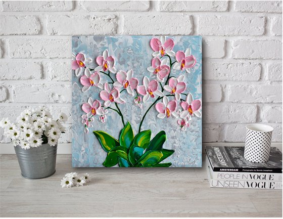 Pink Orchid - Impressionist Flower Painting, Palette Knife Art