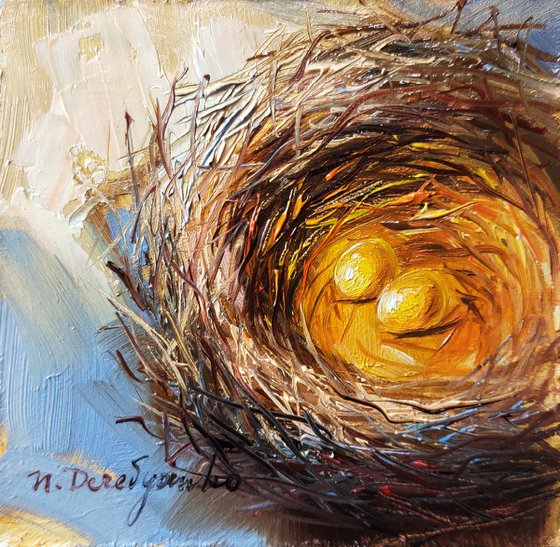 Nest painting oil original 4x4 in frame, Two gold egg miniature painting wall art framed, Small painting Easter gift