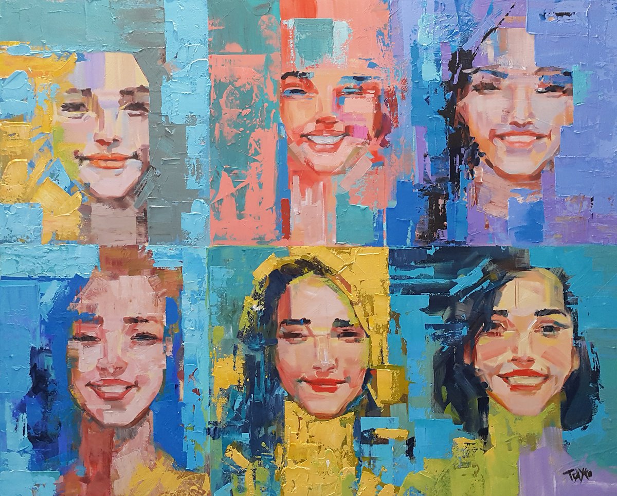 Abstract Portrait Acrylic Painting By Trayko Popov, 39 X 31", We Are Here, Original Artwork