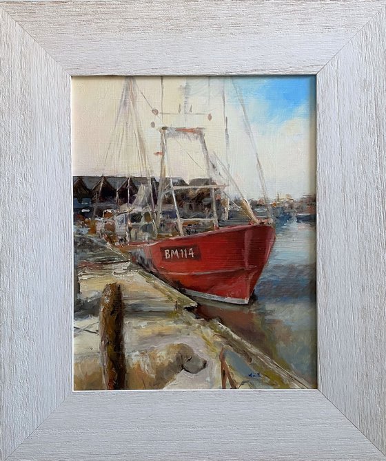 Red Boat; Whitstable Harbour-Impressionist oil painting.