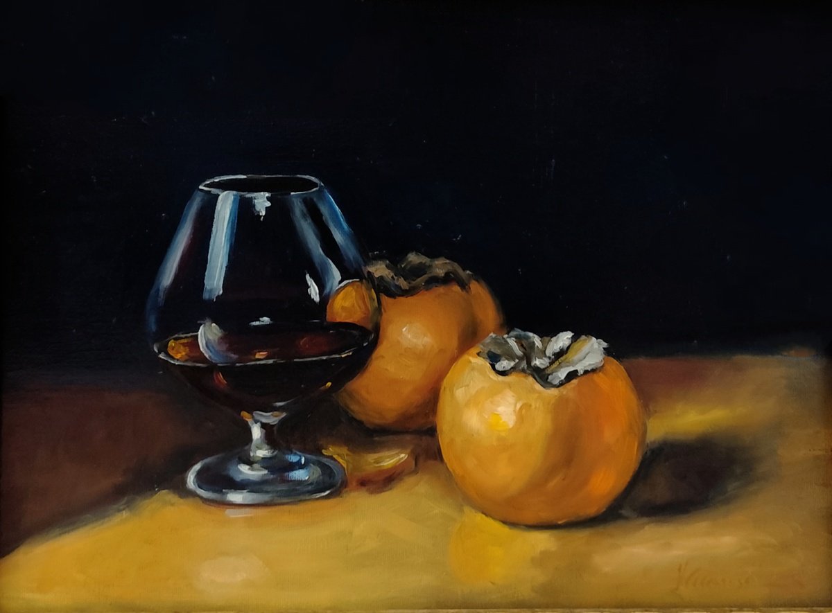 Expressive Still Life Oil Painting By Veronica Ciccarese, 16 X 12", Cognac And Persimmons, Original Artwork