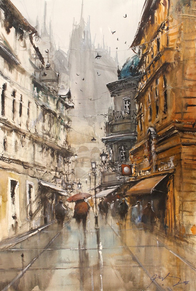 Impressionistic Cityscapes Watercolour By Maximo Damico, 15 X 23", Fall Raining, Original Artwork
