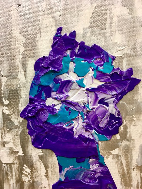 Queen Elizabeth abstract portrait #106 on silver background, purple,  turquoise metallic, Marble pattern inspired by Queen Elizabeth II