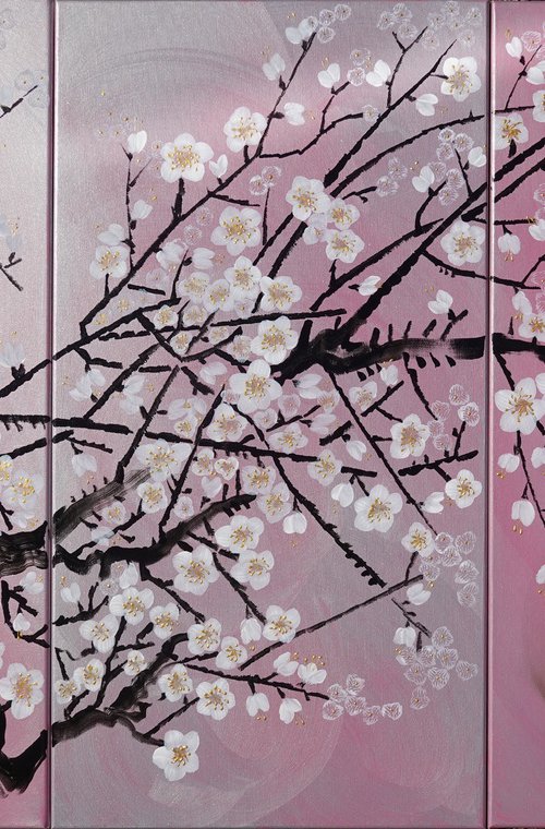 Japanese sakura J277 - large silver pink triptych, original art, japanese style paintings by artist Ksavera by Ksavera