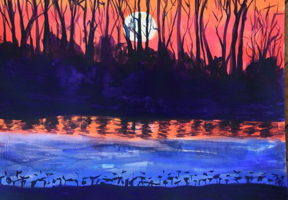 Big watercolor painting Autumn sunset