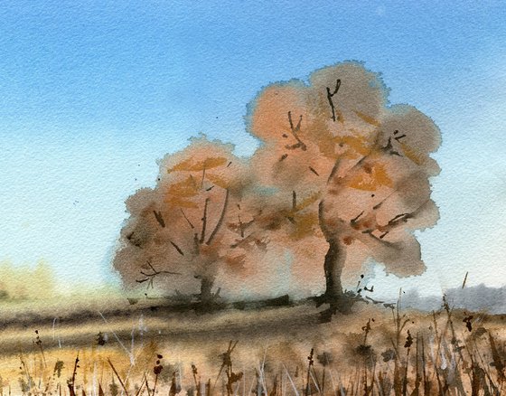 Autumn trees original artwork, blue sky and orange trees medium painting country landscape gift for her