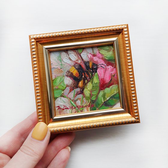 Bumblebee art oil painting original 3x3, Bee artwork green pink in gold frame, Honey bee wall art tiny, Dad gift