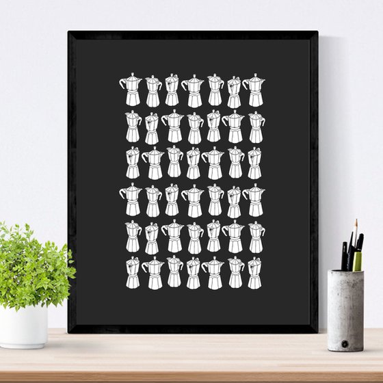 Moka Express Coffee Pot Print in White on Black 40cm x 50cm Size - Framed - FREE UK Delivery