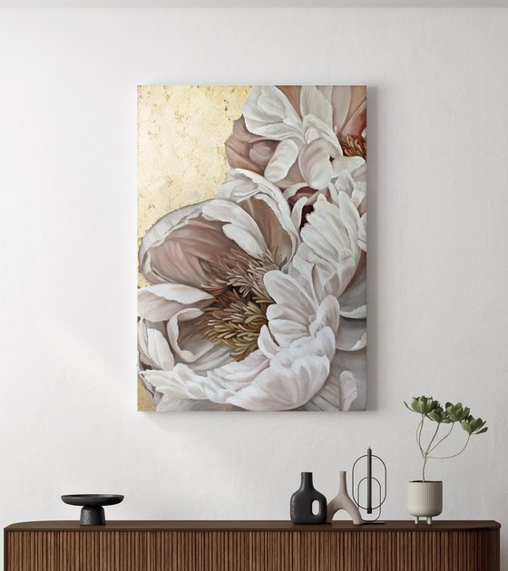 "Golden Silk Flowers" Gold white peony art