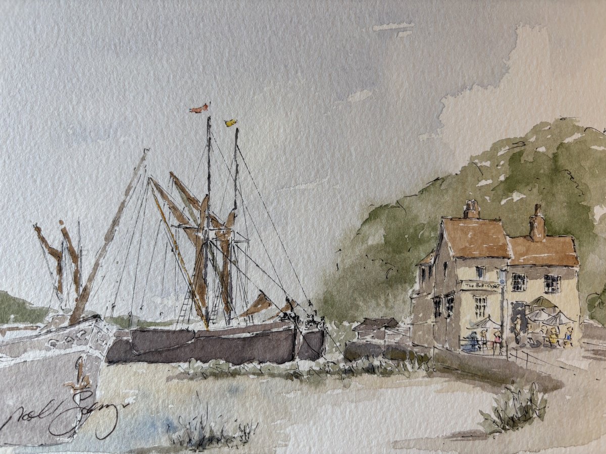 Impressionistic Landscape Watercolour By Noel Sawyer, 9 X 7", Thames Barges At Pin Mill, Original Artwork