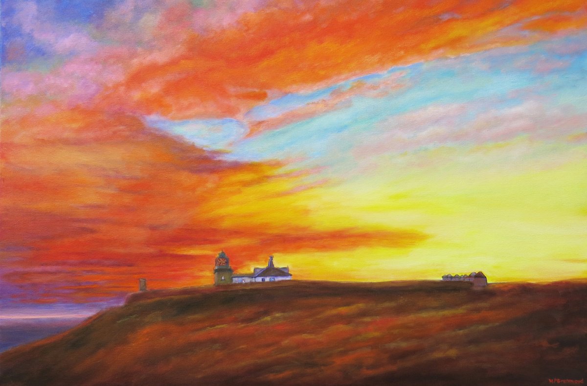 Impressionistic Landscape Oil Painting By Maureen Greenwood, 35 X 24", Lighthouse And Sunset, Original Artwork