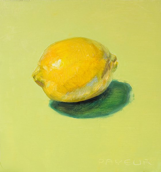 gift for food lovers: modern still life of yellow lemon on green