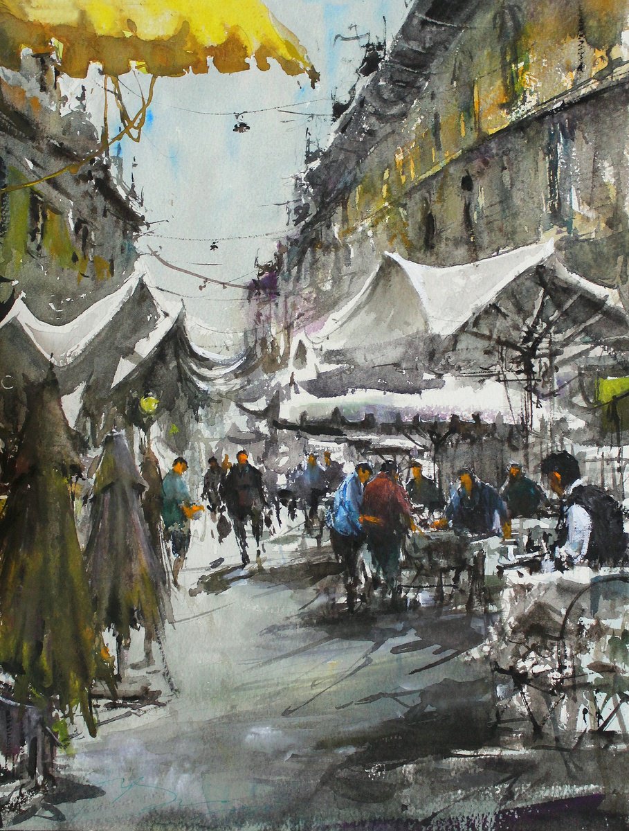 Impressionistic Cityscapes Watercolour By Maximo Damico, 11 X 15", Florence Market Scene, Original Artwork