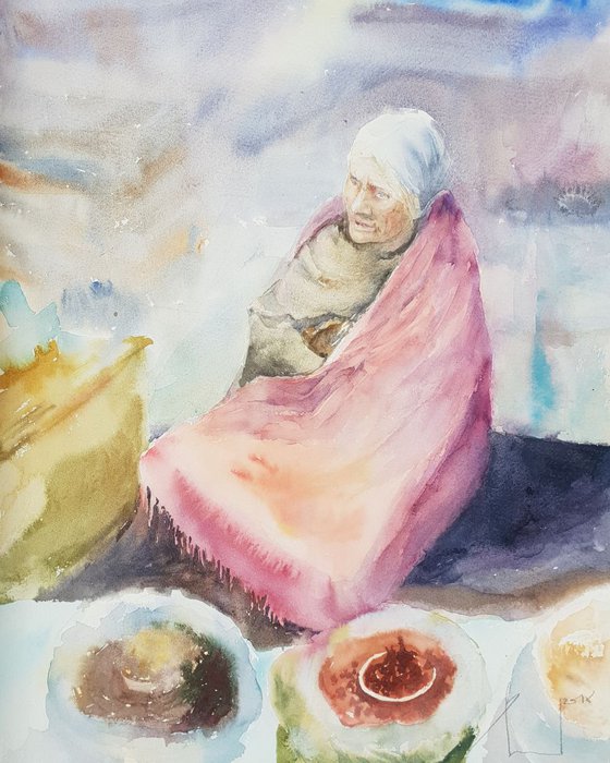 MEXICAN HERB'S SELLER original watercolor 30X40