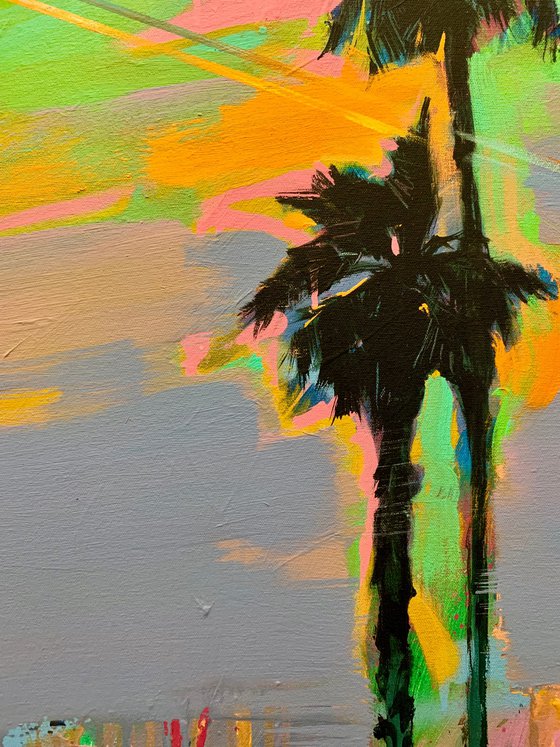 Big XXL artwork - "Green light" - Pop Art - Palm - Diptych - Street Art - Expressionism - Sunset