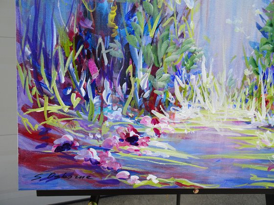 REFLECTIONS. Water Lily Pond and Orchids Painting inspired by Claude Monet