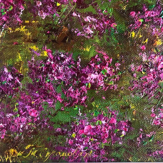 FOREST INSPIRATION - Forest. Flowers. Spring. Gift. Offseason. Miniature. Quick drawing. Three-dimensional painting. Pink flowers. Interior. Design. Landscape. Impasto. Palette knife. The Best Solution. Gift.