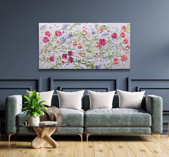 3D Textured Flowers Painting, Original Pink Rose, Heavy Textured Flower Painting Decor Living Room Decor Texture Acrylic Painting