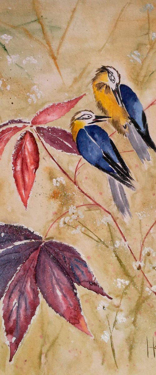 Chickadee Painting Bird Original Art Animal Watercolor Titmouse Artwork Home Wall Art 12 by 17" by Halyna Kirichenko by Halyna Kirichenko