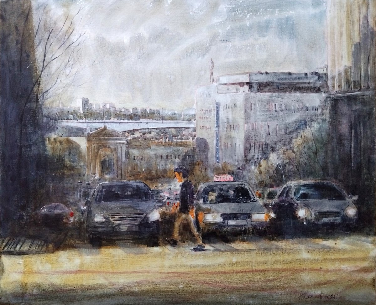 Impressionistic Cityscapes Acrylic Painting By Nenad Kojic, 22 X 18", Hotel Beograd, Belgrade, Original Artwork