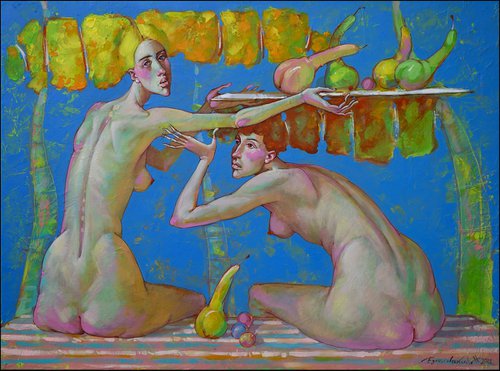 Girls with a pear by Nicolay Vydcovsky