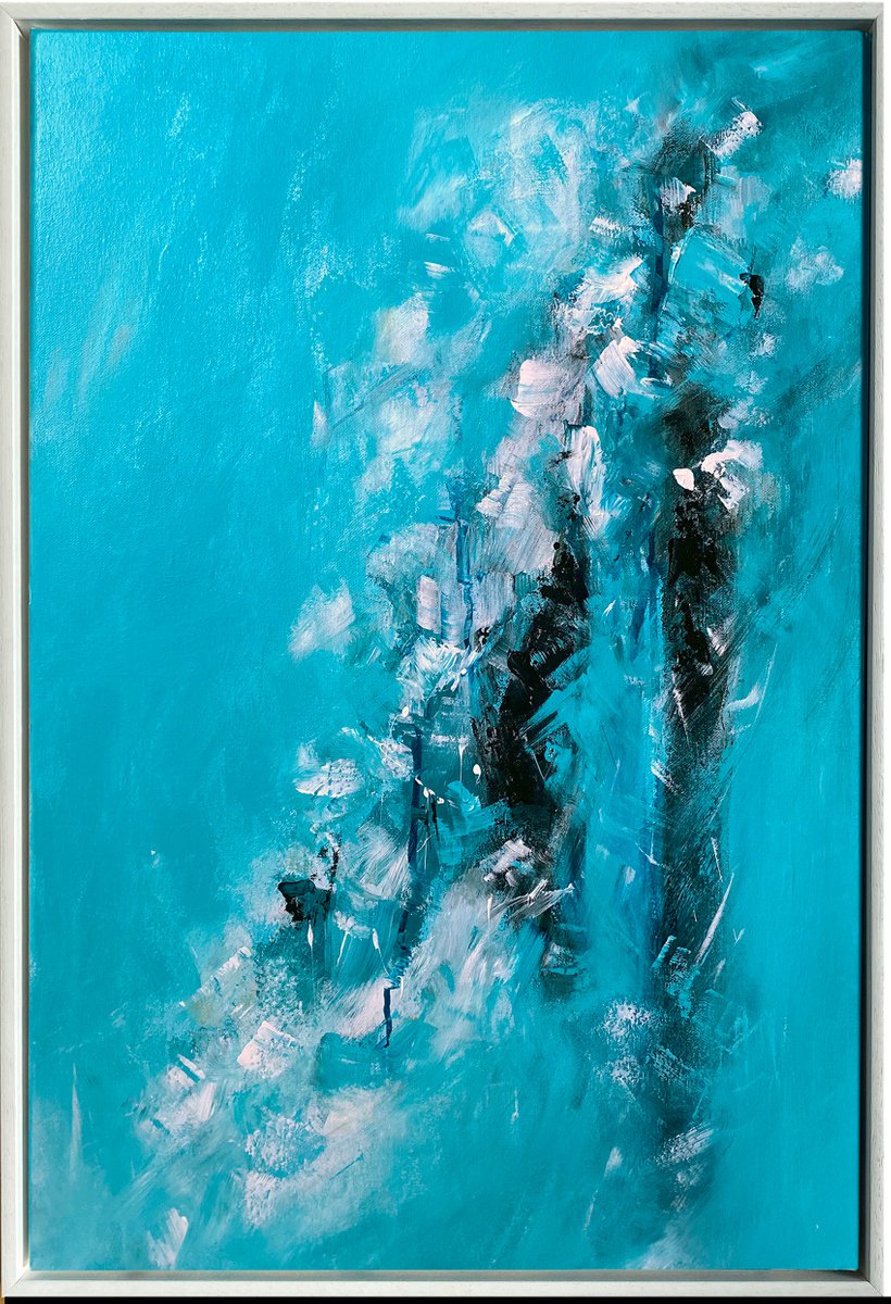 Abstract Acrylic Painting By Arti Chauhan, 21 X 31, Teal Cascade Abstract, Original Artwork