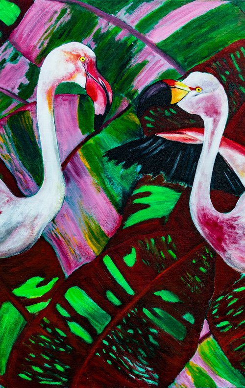 Sister Flamingos, Original painting, Ready to hang by WanidaEm by WanidaEm