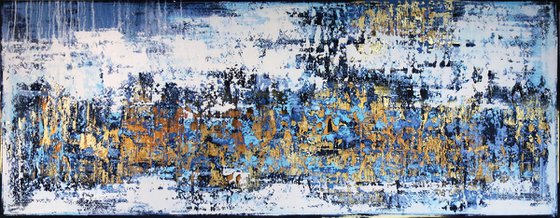SNOWSTORM * 180 x 70 cms * ACRYLIC PAINTING ON CANVAS * WHITE * BLUE * GOLD