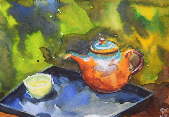 Watercolor painting postcard Cozy tea time h