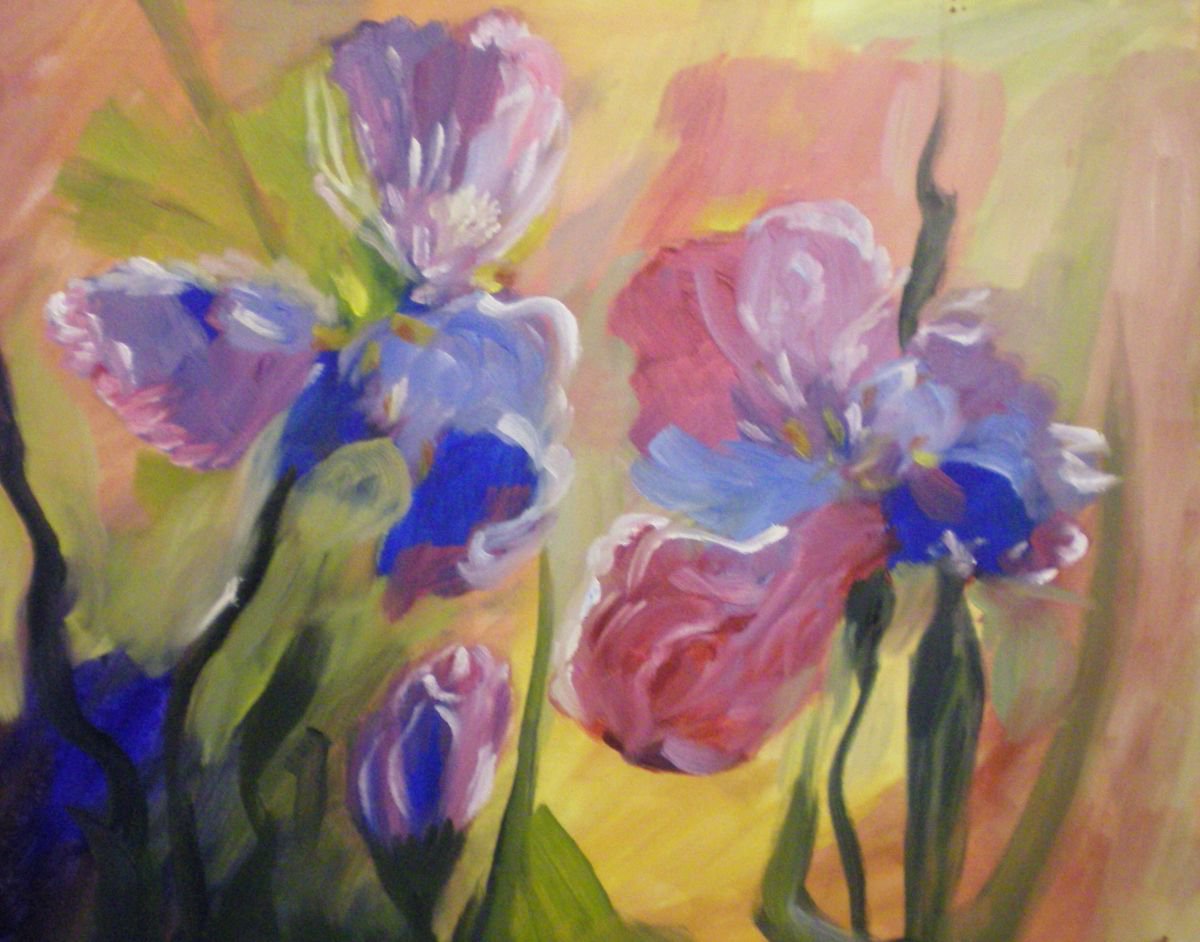 Impressionistic Botanical Oil Painting By Elena Sokolova, 20 X 16, Irises, Original Artwork