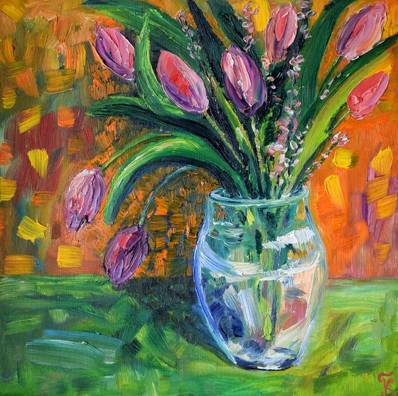 Tulips oil painting, flowers original canvas art, boho home decor