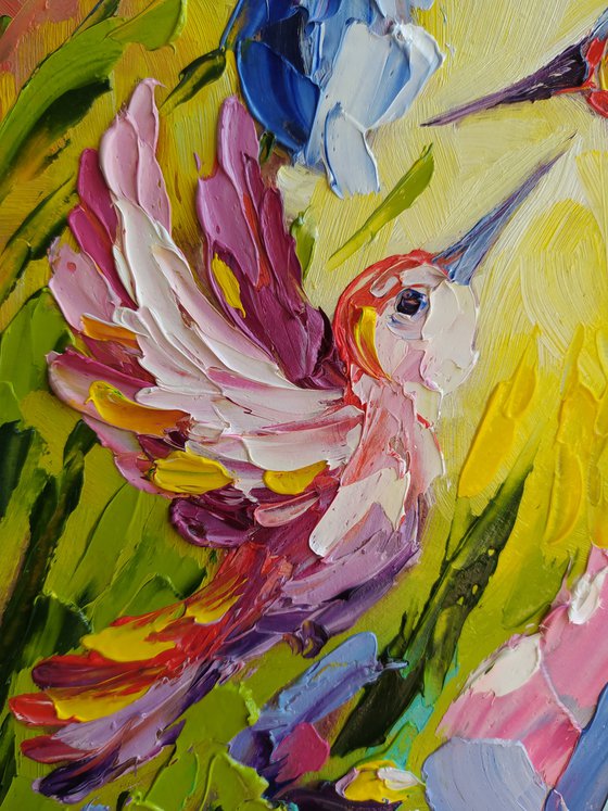 The awakening of love - birds, hummingbird, love, irises, flowers, oil painting, irises flowers, gift idea