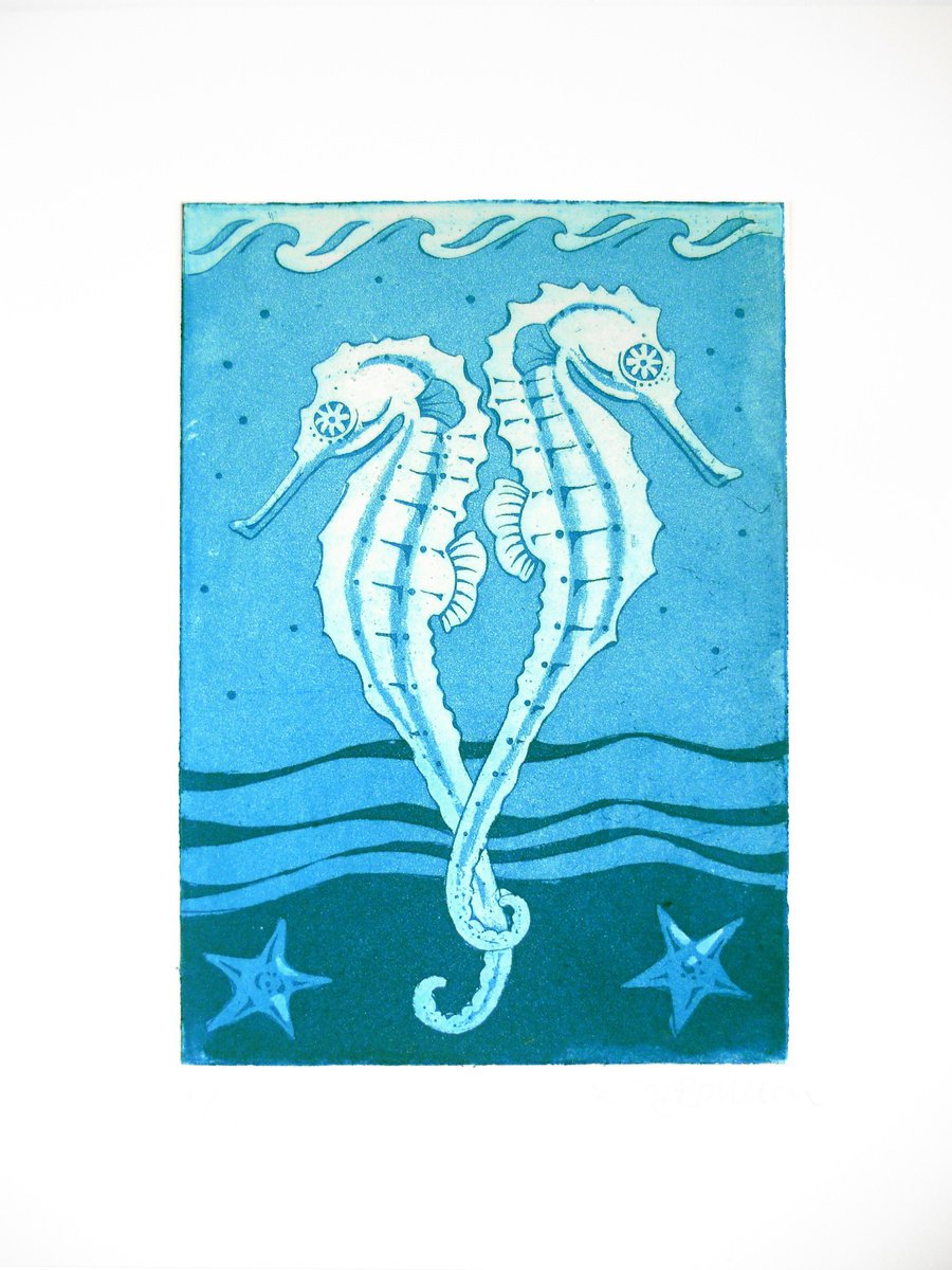Illustrative Animal Etchings & Engravings By Louise Boulton, 7 X 9", Seahorses, Original Artwork