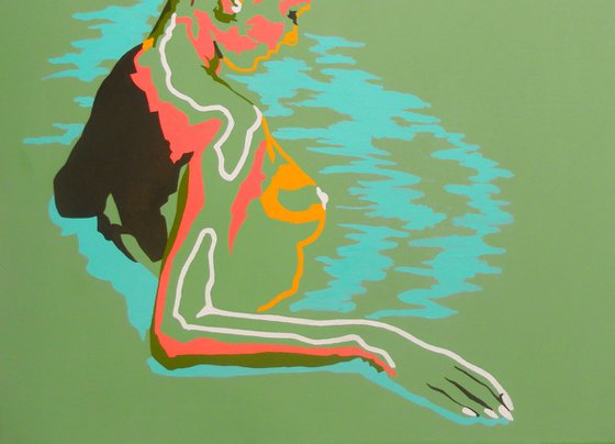 Nude Art Standing Female Nude In Water Abstract Nude Light Avocado Original Acrylic Painting Figure Study
