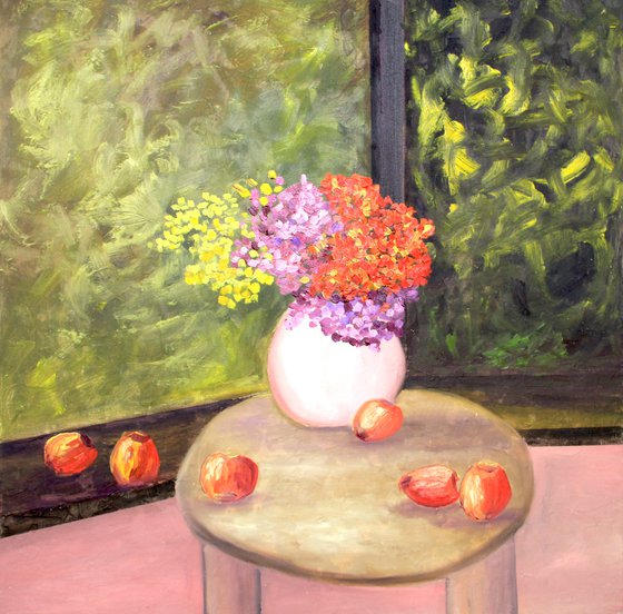 Still life Window to the forest. Original oil painting on canvas