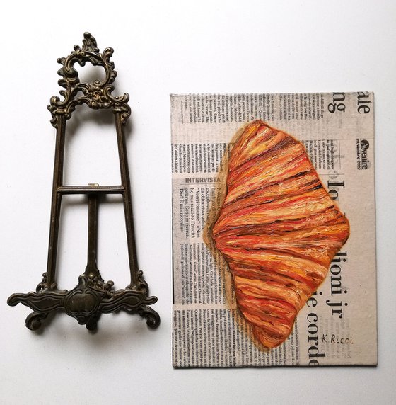 "Croissant on Newspaper " Original Oil on Canvas Board Painting 7 by 10 inches (18x24 cm)