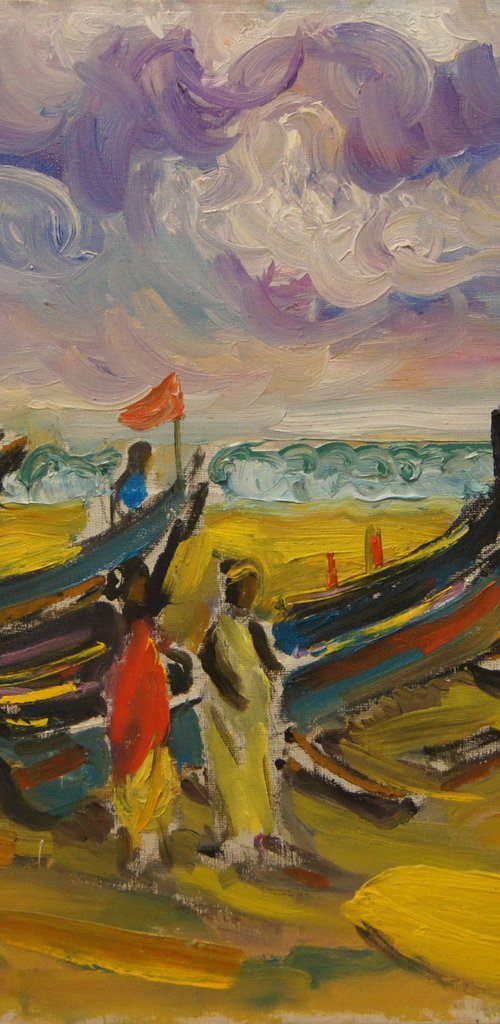 EVENING BEACH IN GOA. INDIA - landscape art, plage, sea, figurative by Karakhan