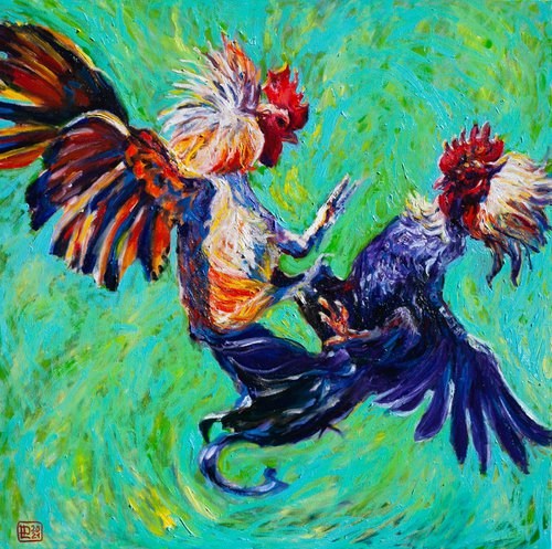 Fighting Roosters by Liudmila Pisliakova