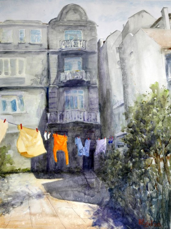 Yard in Skadarlija Belgrade - original watercolor painting by Nenad Kojic